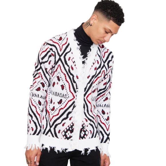 VALABASAS Men's White Bandana Cardigan Sweater 100% Cotton knit Size Small - Picture 1 of 11